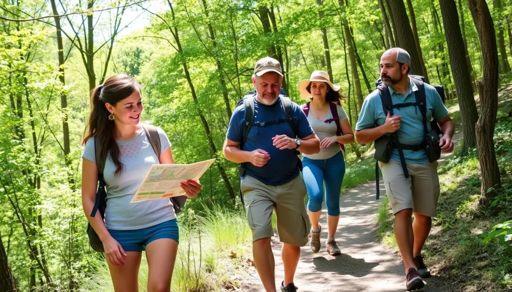 Visitors exploring Franklin Creek State Park trails with proper hiking gear and maps