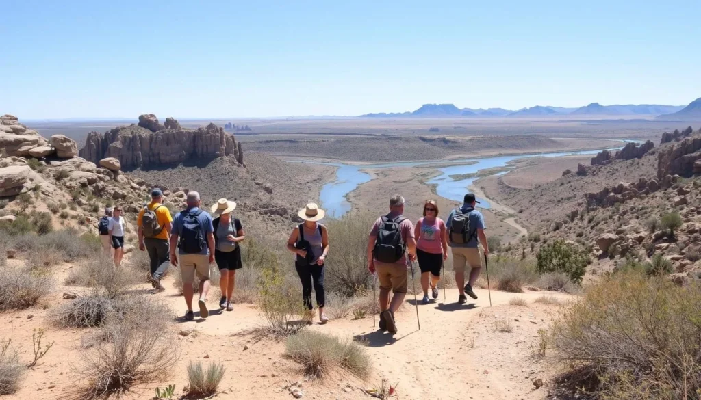 Visitors exploring Picacho State Recreation Area on foot along hiking trails with diverse group of hikers Visitors exploring Picacho State Recreation Area on foot along hiking trails with diverse group of hikers