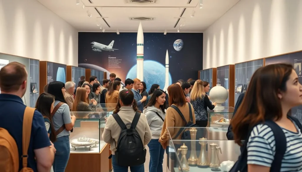 Visitors exploring a museum exhibit in Kaluga with space artifacts and Kaluga Oblast Russia best things to do