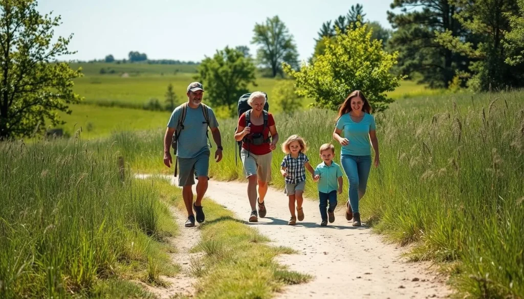 Visitors exploring a well-maintained trail in Iroquois County State Park with interpretive signage Visitors exploring a well-maintained trail in Iroquois County State Park with interpretive signage