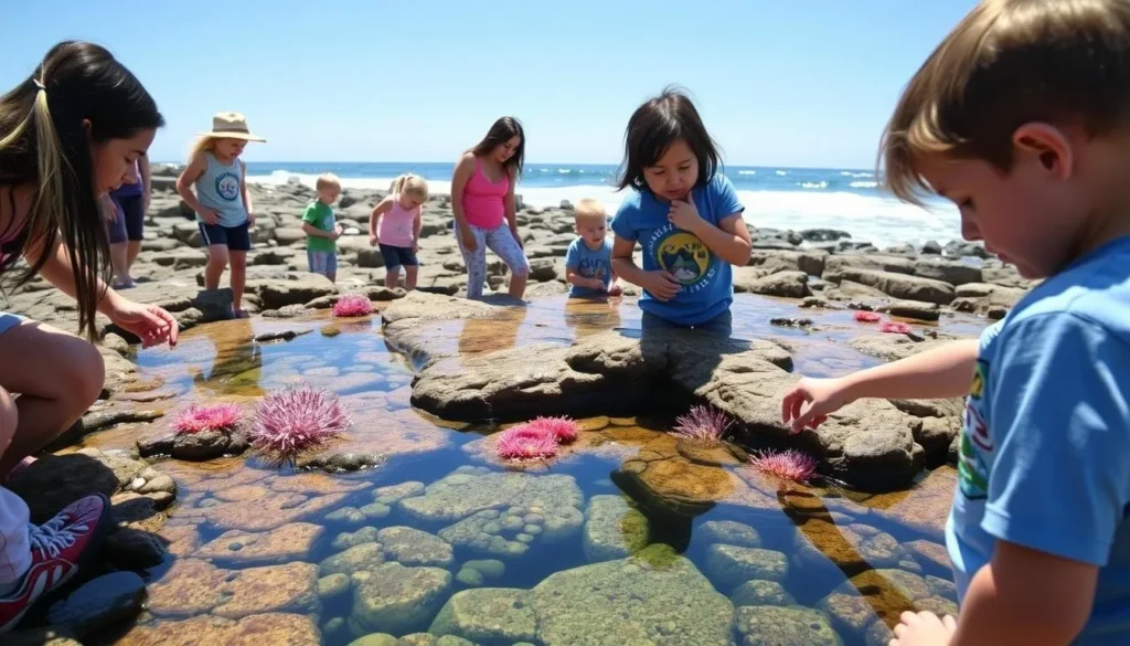 Visitors exploring colorful tide pools at Crystal Cove State Park during low tide Visitors exploring colorful tide pools at Crystal Cove State Park during low tide