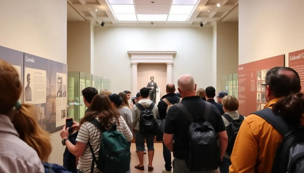Visitors exploring exhibits at the Abraham Lincoln Presidential Library and Museum in Springfield