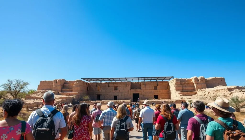 Visitors exploring the Great House at Casa Grande Ruins National Monument