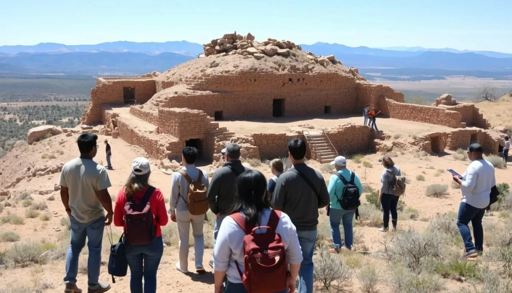 Visitors exploring the Poshuouinge Ruins near Abiquiu Lake Visitors exploring the Poshuouinge Ruins near Abiquiu Lake