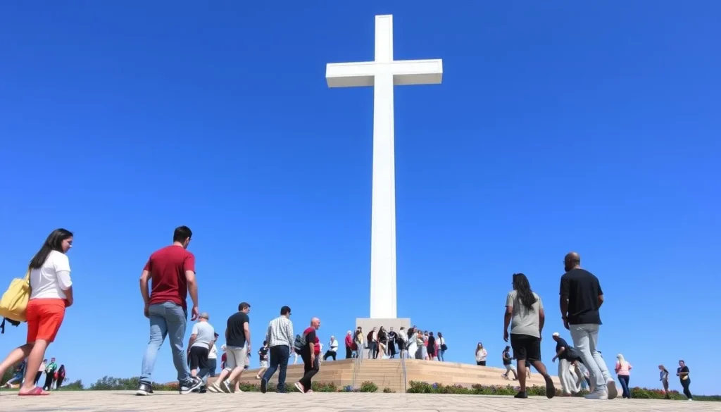 Visitors exploring the base of Bald Knob Cross with the memorial paver garden visible