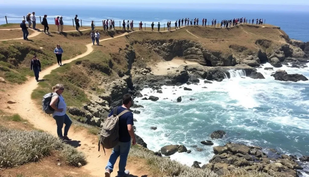 Visitors exploring the coastal trails at Caspar Headlands State Beach California with dramatic ocean views Visitors exploring the coastal trails at Caspar Headlands State Beach California with dramatic ocean views