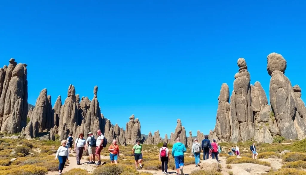 Visitors exploring the dramatic dolerite columns and rock formations of Ben Lomond National Park Tasmania Visitors exploring the dramatic dolerite columns and rock formations of Ben Lomond National Park Tasmania