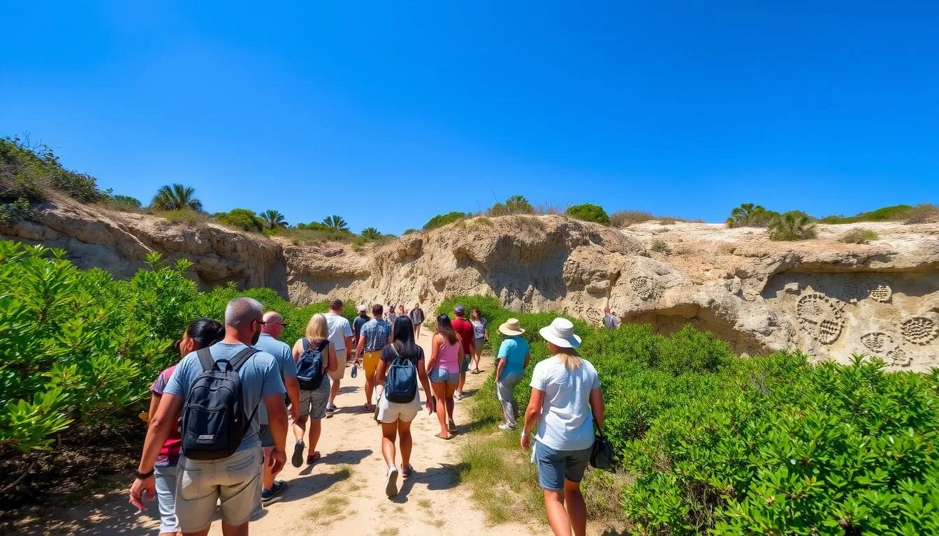 Visitors exploring the fossil quarry trails at Windley Key Fossil Reef Geological State Park on a beautiful sunny day