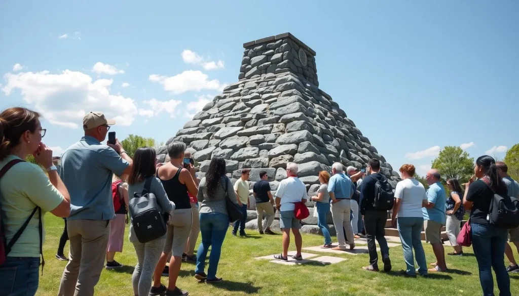 Visitors exploring the stone pyramid monument at Buchanan's Birthplace State Park