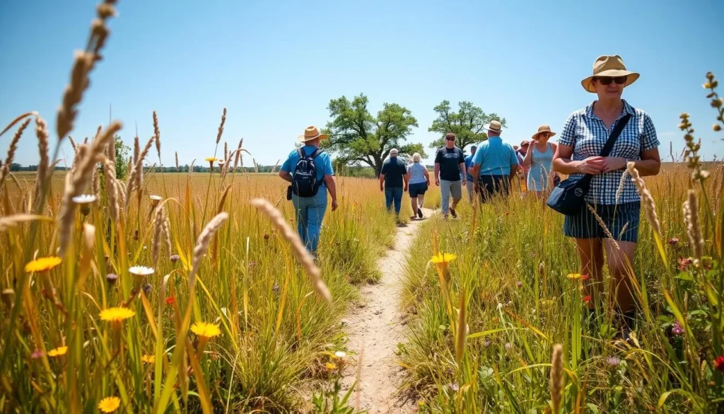 Visitors exploring the tallgrass prairie at Middlefork Savanna with wildflowers in bloom