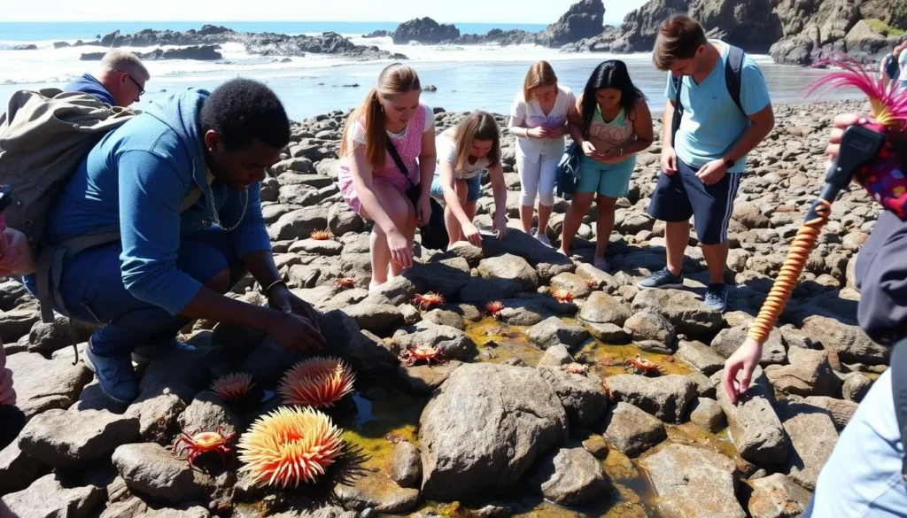Visitors exploring tide pools at Limekiln Beach during low tide with diverse marine life visible Visitors exploring tide pools at Limekiln Beach during low tide with diverse marine life visible