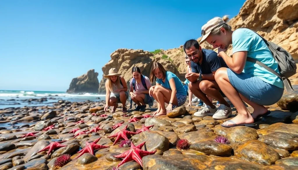 Visitors exploring tide pools at Natural Bridges State Beach Santa Cruz California during low tide Visitors exploring tide pools at Natural Bridges State Beach Santa Cruz California during low tide