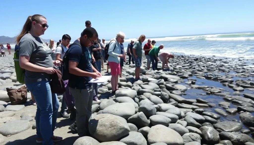 Visitors exploring tidepools at Moonstone Beach Cambria California Visitors exploring tidepools at Moonstone Beach Cambria California