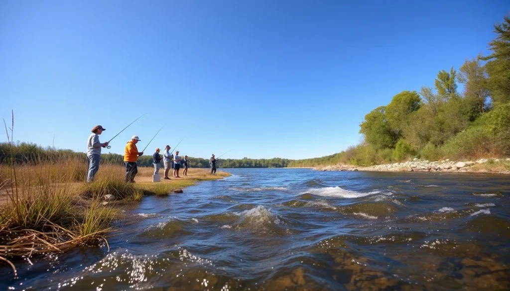 Visitors fishing along the Kankakee River at Kankakee River State Park Illinois Visitors fishing along the Kankakee River at Kankakee River State Park Illinois