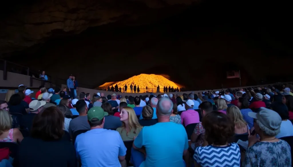 Visitors gathering at the Bat Flight Amphitheater at sunset to watch the bat emergence Visitors gathering at the Bat Flight Amphitheater at sunset to watch the bat emergence