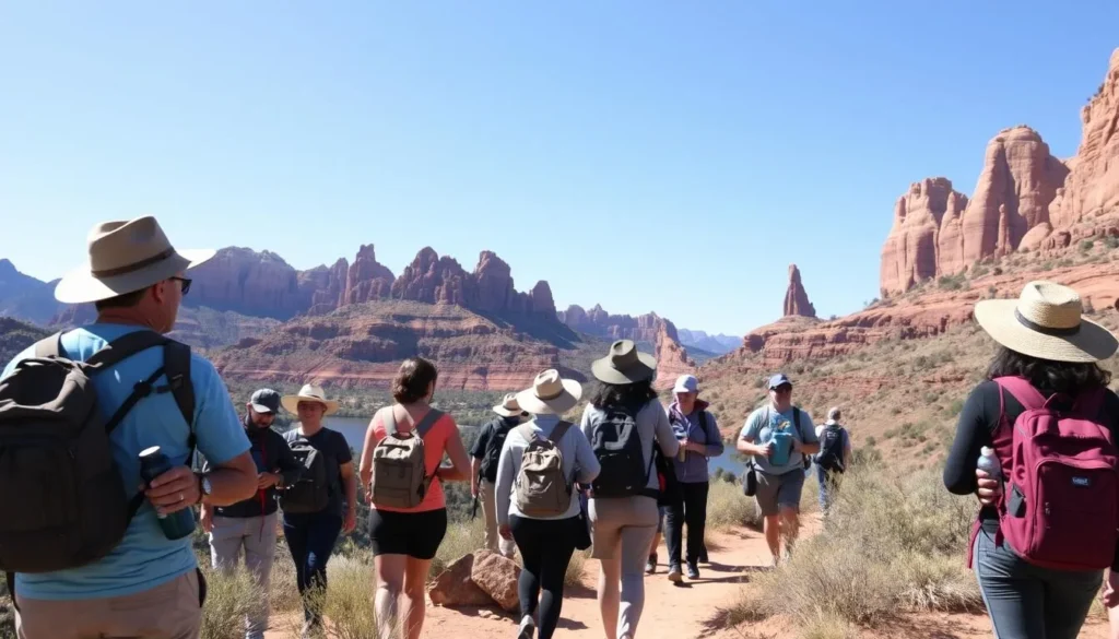 Visitors hiking along the red rock formations near Abiquiu Lake Visitors hiking along the red rock formations near Abiquiu Lake