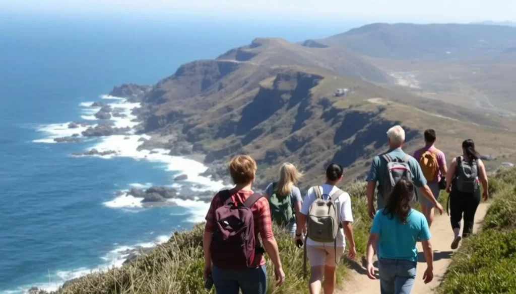 Visitors hiking on a coastal trail near Esalen with dramatic ocean views