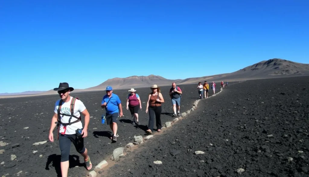 Visitors hiking on a marked trail through El Malpais lava fields with cairns marking the path Visitors hiking on a marked trail through El Malpais lava fields with cairns marking the path