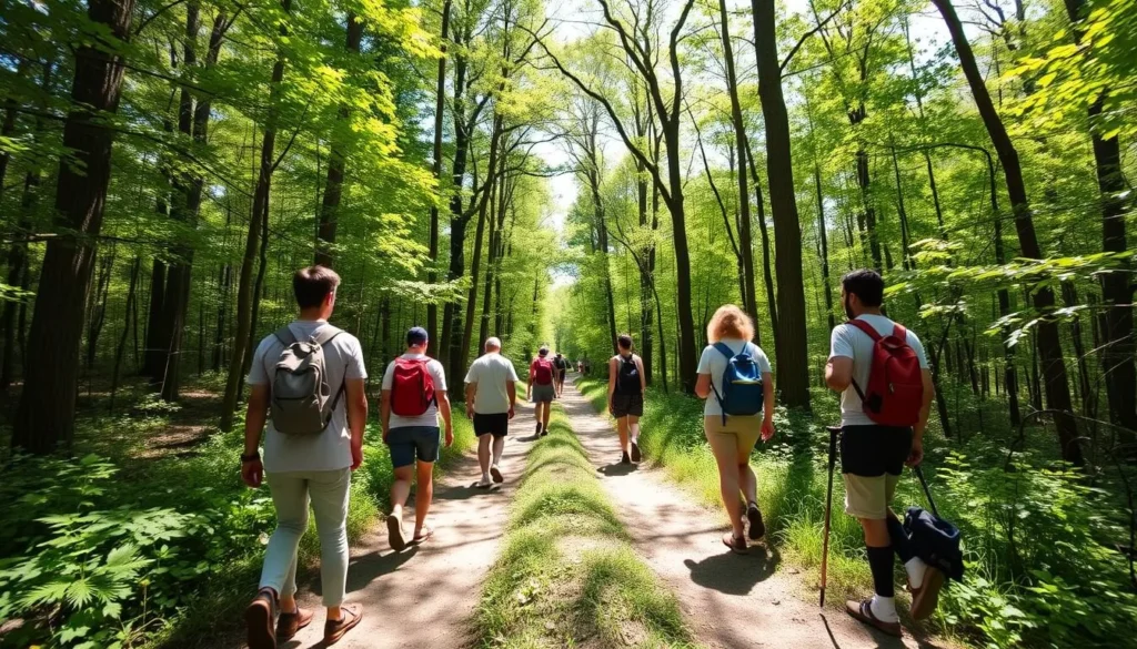Visitors hiking on a well-maintained trail through the forest at Jim Edgar Panther Creek State Fish and Wildlife Area Visitors hiking on a well-maintained trail through the forest at Jim Edgar Panther Creek State Fish and Wildlife Area