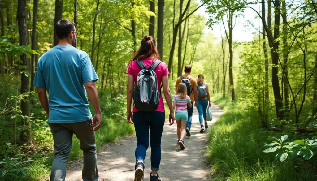 Visitors hiking on one of the trails at Jacobsburg Environmental Education Center Pennsylvania Visitors hiking on one of the trails at Jacobsburg Environmental Education Center Pennsylvania