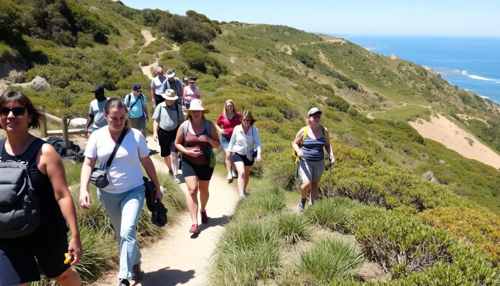 Visitors hiking on trails at Hearst San Simeon State Park California with coastal views Visitors hiking on trails at Hearst San Simeon State Park California with coastal views