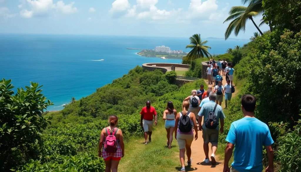 Visitors hiking to Fort Rodney on Pigeon Island with views of Cap Estate in the background