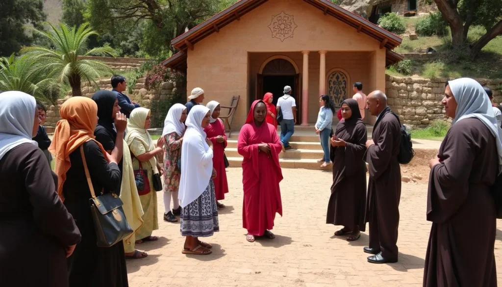 Visitors in appropriate attire at Ethiopian Orthodox monastery on Tana Kirkos Island