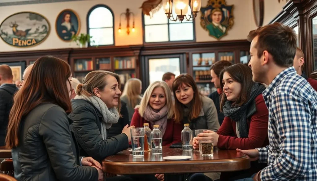 Visitors interacting with locals in a Penza café, showing cultural exchange