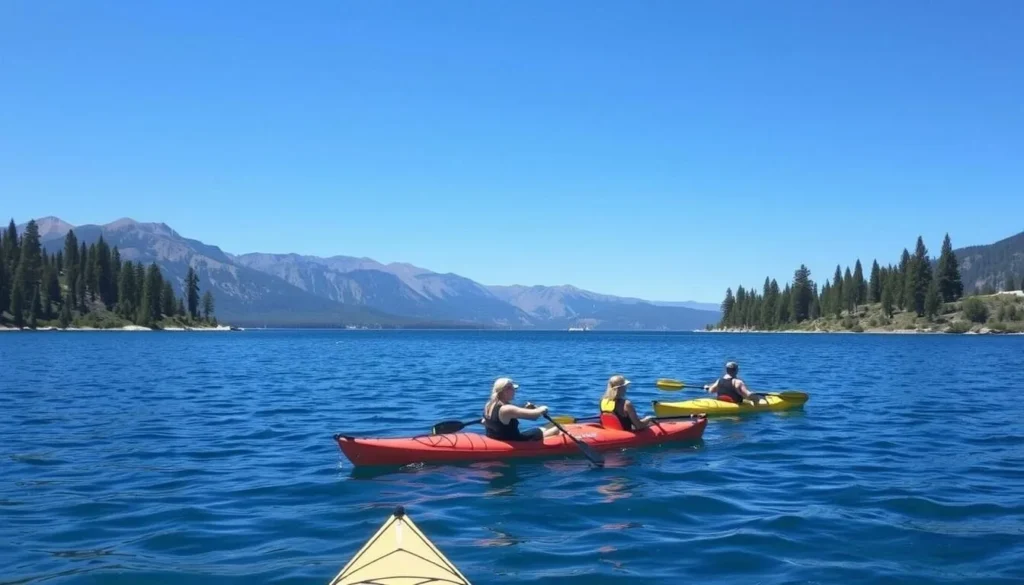 Visitors kayaking on Lake Tahoe near Ed Z'berg Sugar Pine Point State Park on a sunny day Visitors kayaking on Lake Tahoe near Ed Z'berg Sugar Pine Point State Park on a sunny day