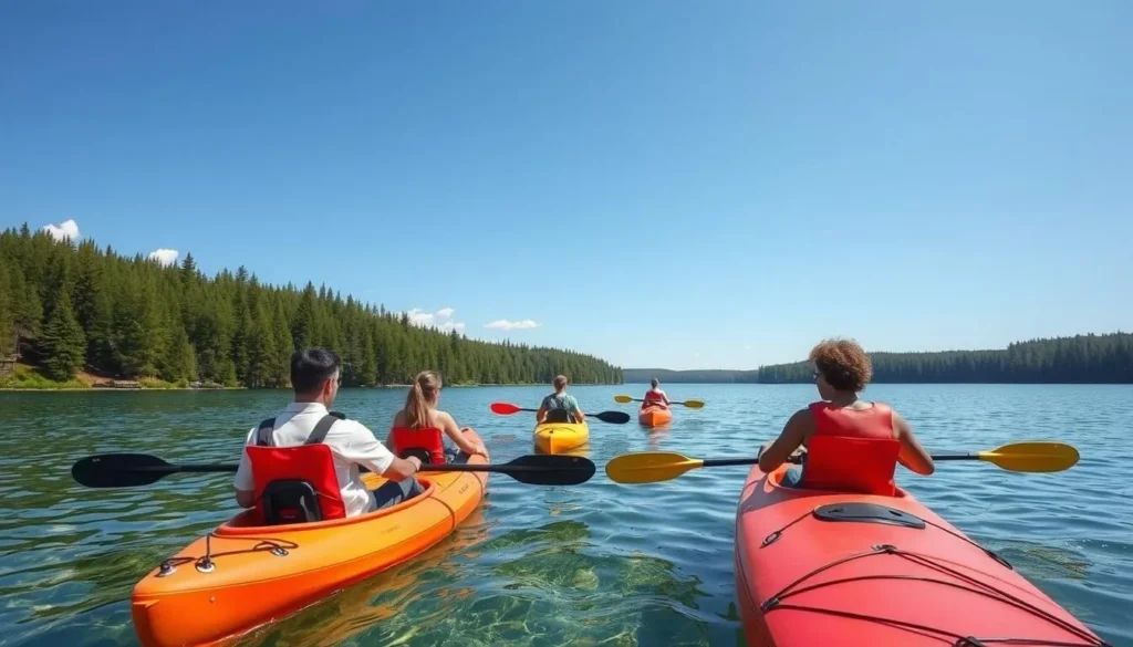Visitors kayaking on a lake in Sebezhsky National Park Russia surrounded by forest