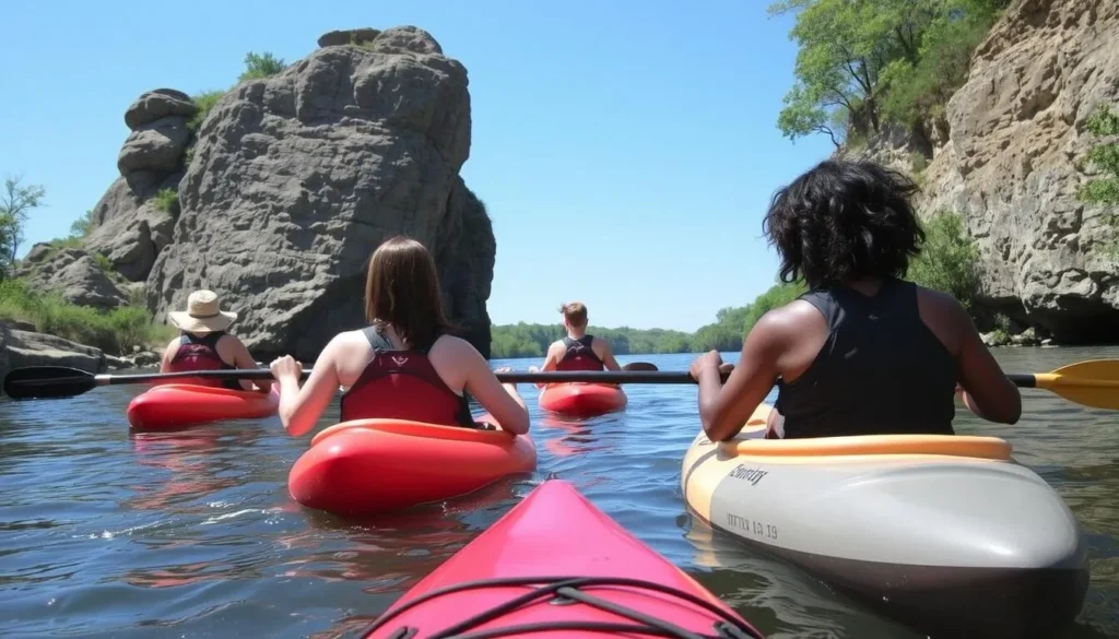Visitors kayaking on the Rock River at Castle Rock State Park Illinois with rock formations visible in background Visitors kayaking on the Rock River at Castle Rock State Park Illinois with rock formations visible in background