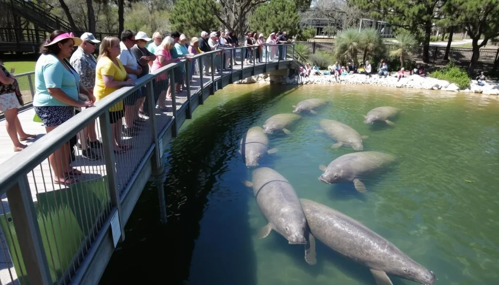 Visitors observing manatees from the boardwalk at a safe distance