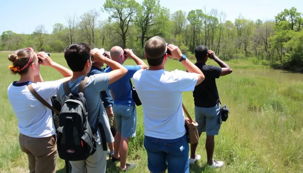 Visitors observing wildlife at Jim Edgar Panther Creek State Fish and Wildlife Area with binoculars Visitors observing wildlife at Jim Edgar Panther Creek State Fish and Wildlife Area with binoculars