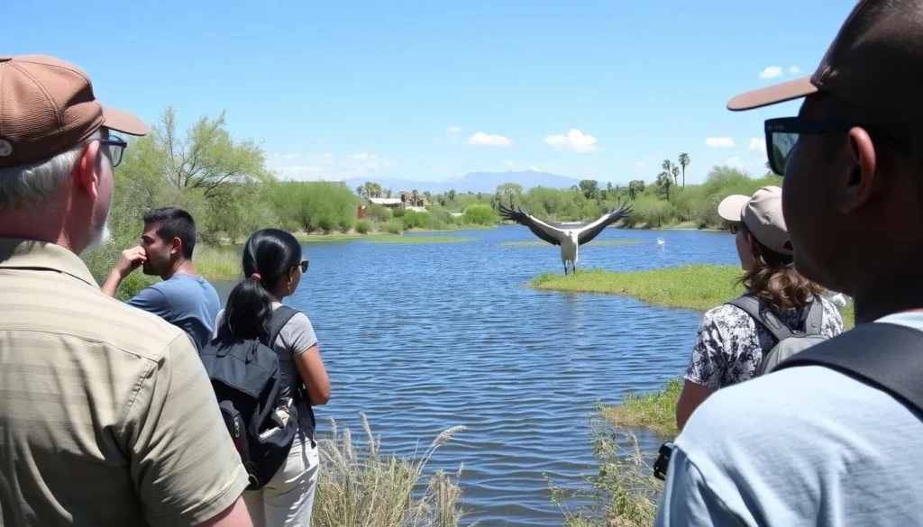Visitors observing wildlife at Palm Lake in Hassayampa River Preserve