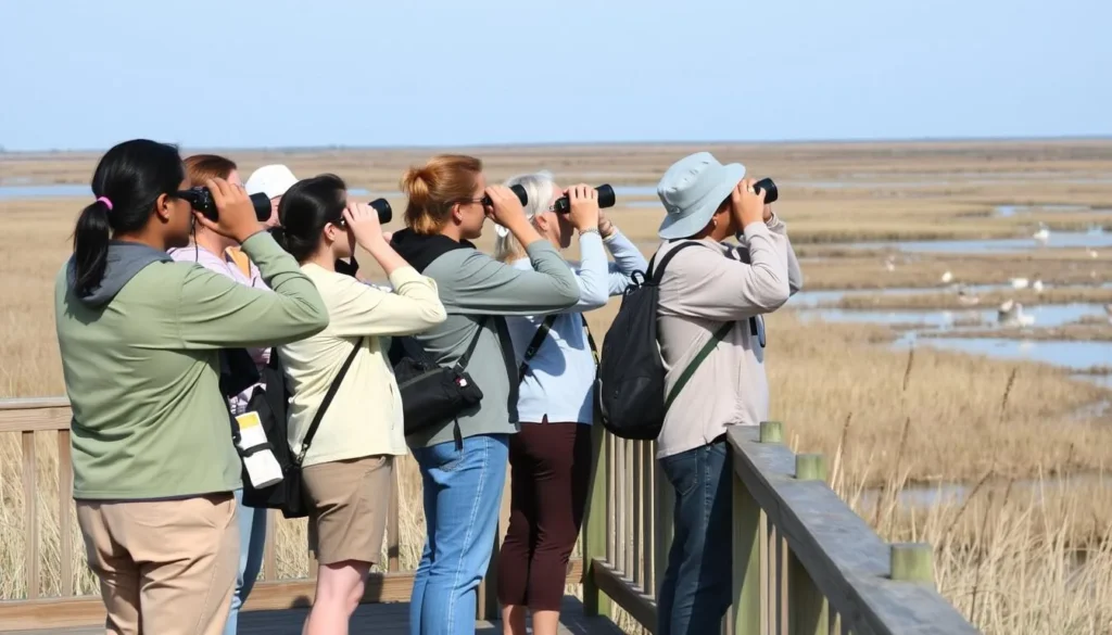 Visitors observing wildlife from a designated viewing platform at the refuge Visitors observing wildlife from a designated viewing platform at the refuge