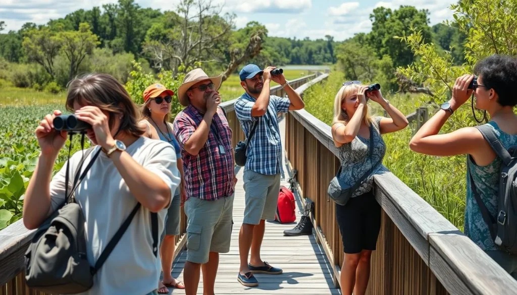 Visitors observing wildlife from a safe distance on a Barataria Preserve boardwalk Visitors observing wildlife from a safe distance on a Barataria Preserve boardwalk