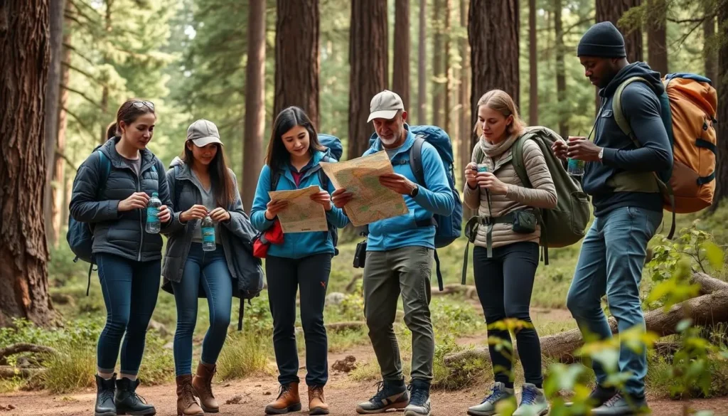 Visitors packing gear for a day hike in Mendocino Woodlands State Park Visitors packing gear for a day hike in Mendocino Woodlands State Park