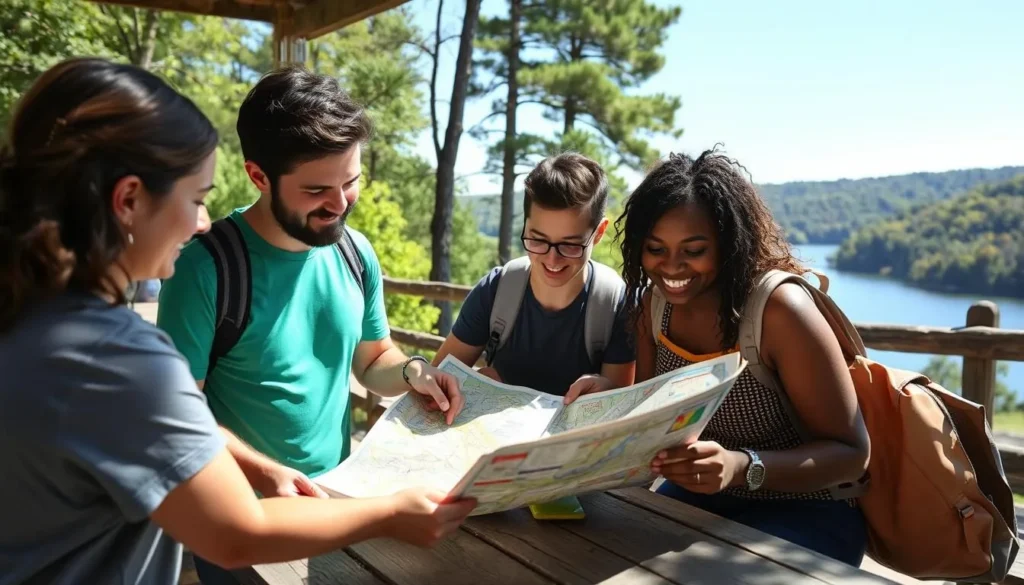 Visitors planning their day at Laurel Lake, Pennsylvania with a map Visitors planning their day at Laurel Lake, Pennsylvania with a map