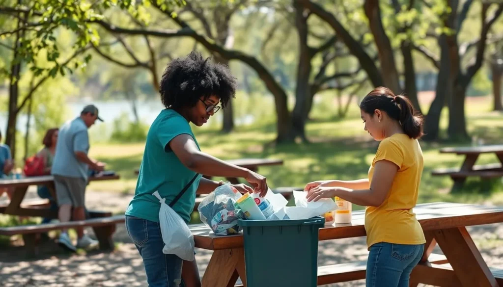 Visitors practicing Leave No Trace principles at a Big River State Park picnic area