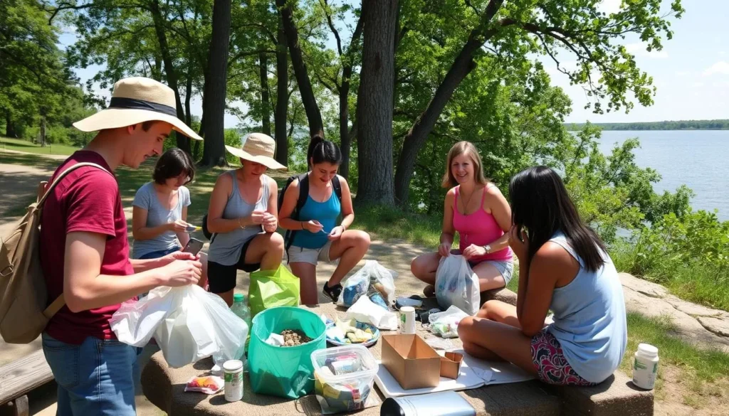 Visitors practicing leave-no-trace principles on Beaver Island Illinois by properly disposing of trash Visitors practicing leave-no-trace principles on Beaver Island Illinois by properly disposing of trash