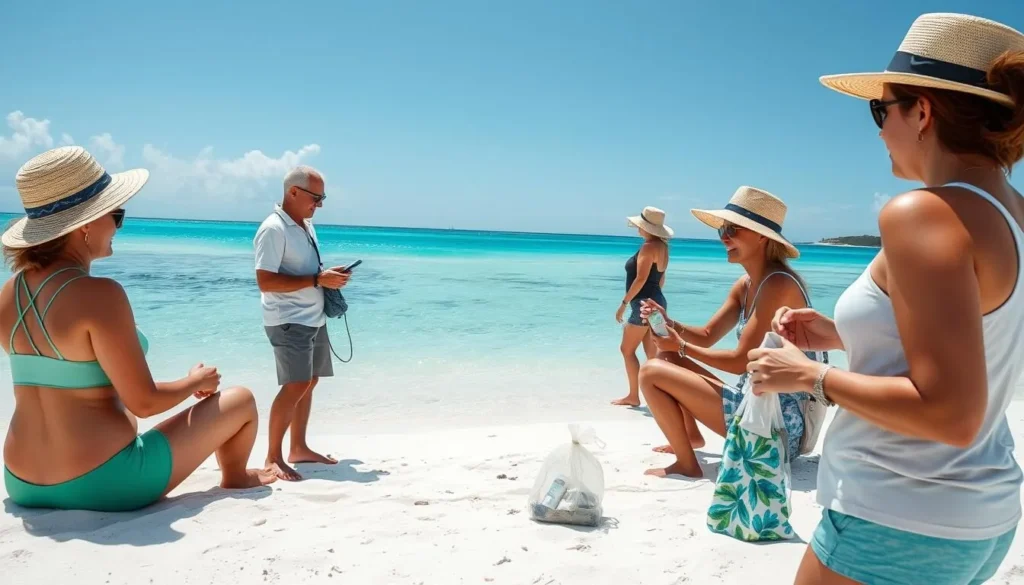 Visitors practicing responsible tourism on Fort George Cay beaches
