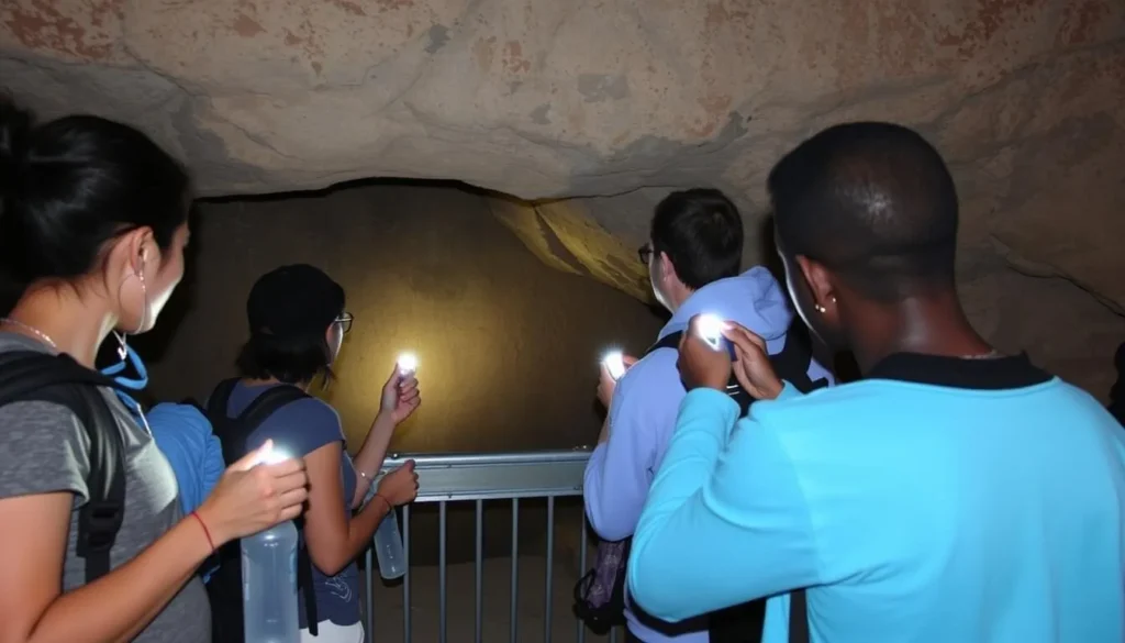 Visitors prepared with flashlights examining the detailed rock art at Chumash Painted Cave State Historic Park Visitors prepared with flashlights examining the detailed rock art at Chumash Painted Cave State Historic Park