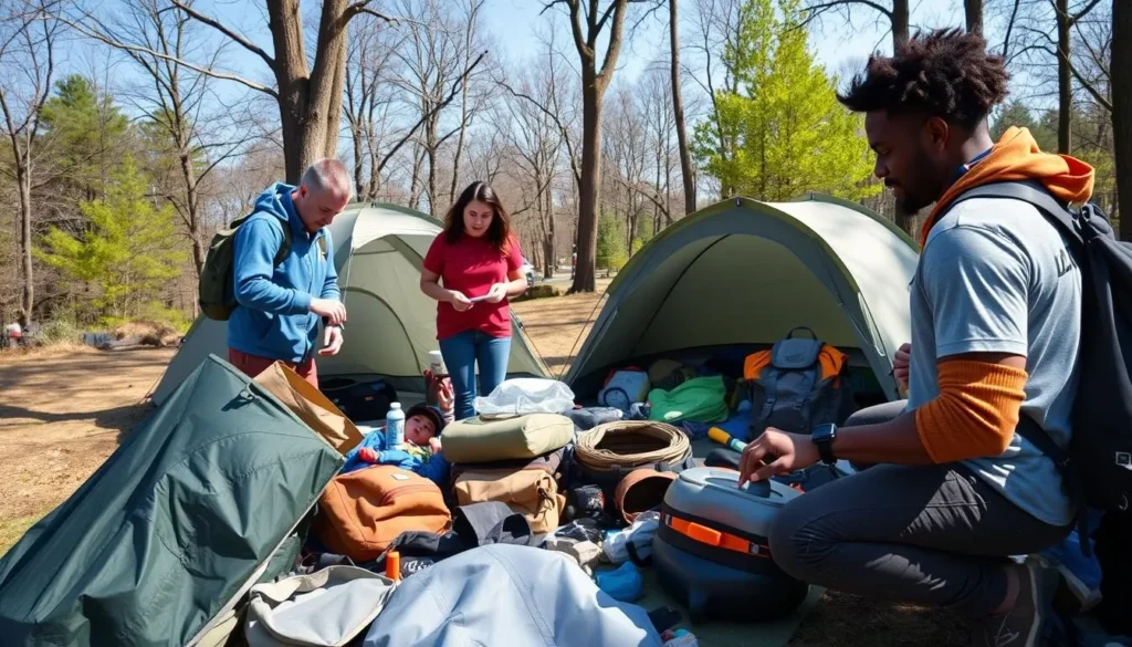 Visitors preparing camping gear at Illini State Park with organized supplies Visitors preparing camping gear at Illini State Park with organized supplies