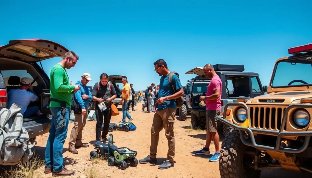 Visitors preparing equipment at Carnegie State Vehicular Recreation Area with diverse group of people Visitors preparing equipment at Carnegie State Vehicular Recreation Area with diverse group of people