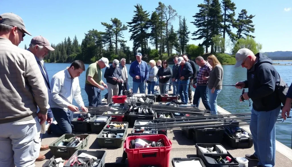 Visitors preparing fishing gear at Mermet Lake boat launch area