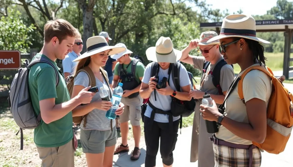 Visitors preparing for a day at Bayou Bienvenue Triangle with proper gear and supplies