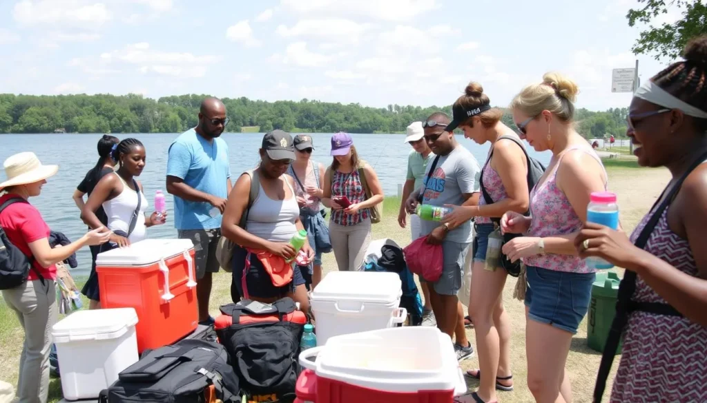 Visitors preparing for a day at Lake Kinkaid with proper equipment Visitors preparing for a day at Lake Kinkaid with proper equipment