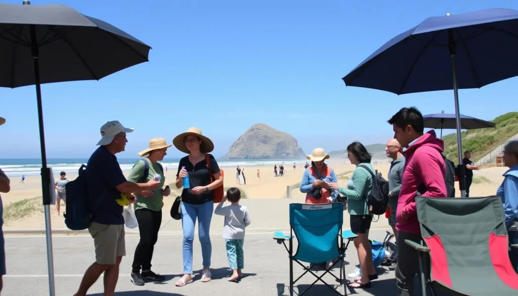 Visitors preparing for a day at Morro Strand State Beach California with proper gear Visitors preparing for a day at Morro Strand State Beach California with proper gear