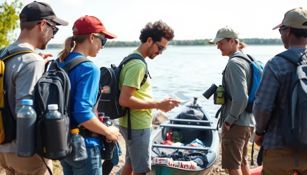 Visitors preparing for a day trip to Beaver Island Illinois with proper gear and supplies Visitors preparing for a day trip to Beaver Island Illinois with proper gear and supplies