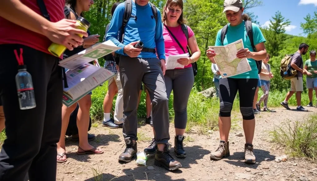 Visitors preparing for a hike at Big Pocono State Park with proper gear and maps Visitors preparing for a hike at Big Pocono State Park with proper gear and maps